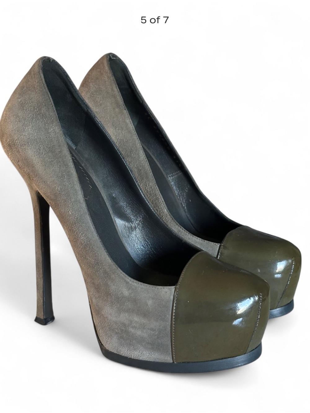 YSL Olive Suede Platform Pumps with Patent Toe - Picture 3 of 10